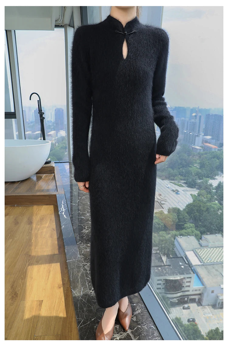 Women' 100%Pure Mink Cashmere Dress Stand-Up Collar Buckle Slim Knit Long Skirt Fashion High Waist Over The Knee Bottoming Dress