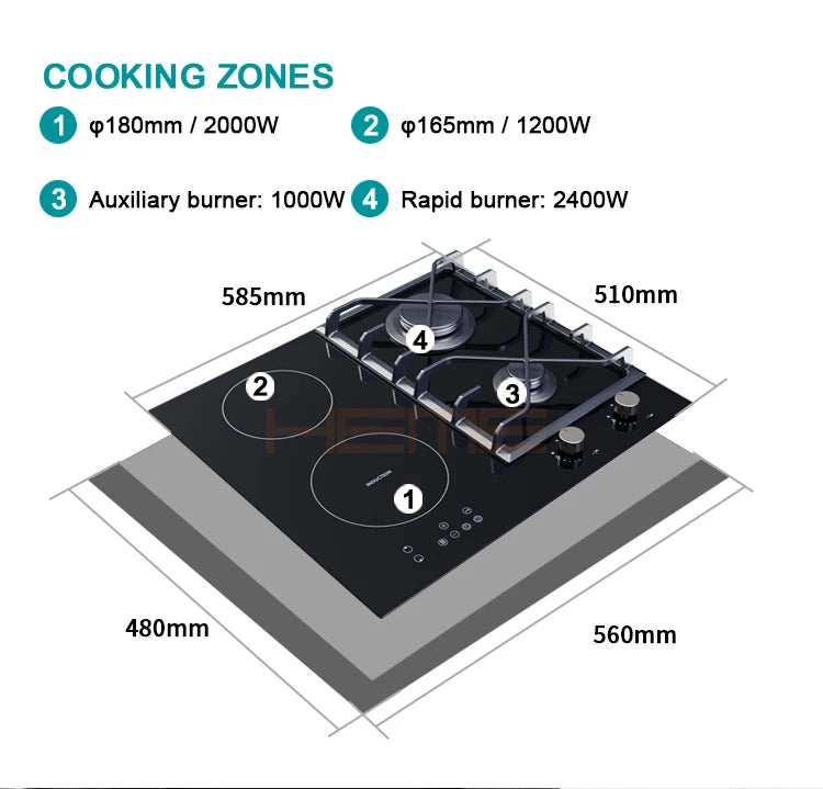 New Products Kitchen Appliances Glass Panel 4 Burners Hybrid Hob With Gas / Induction / Ceramic Burner