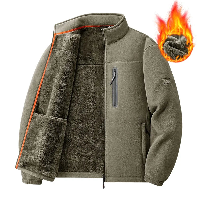 Winter Thickened Windproof Stand Collar Zipper Jacket for Men Casual Outdoor Fleece-Lined Coat Embroidered Men's Warm Jackets