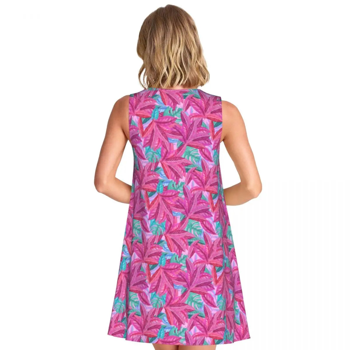 Cute Beach Leaf Tank Dress Pink Leaves Print Sleeveless Modern Dresses Women O Neck Simple Dress Day Pattern Clothes Gift Idea