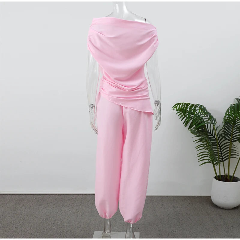 Solid One Shoulder Top Lantern Pants Set Women Chic Cotton Linen T-shirt Wide-leg Pants Suit Elegant Lady Summer Daily Outfits