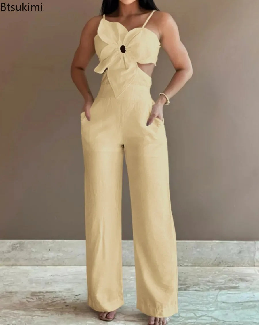 2026 Summer Spaghetti Strap Fashion Jumpsuit Women's Floral Pattern Hollow Casual Asymmetrical Collar Backless Jumpsuit Trousers