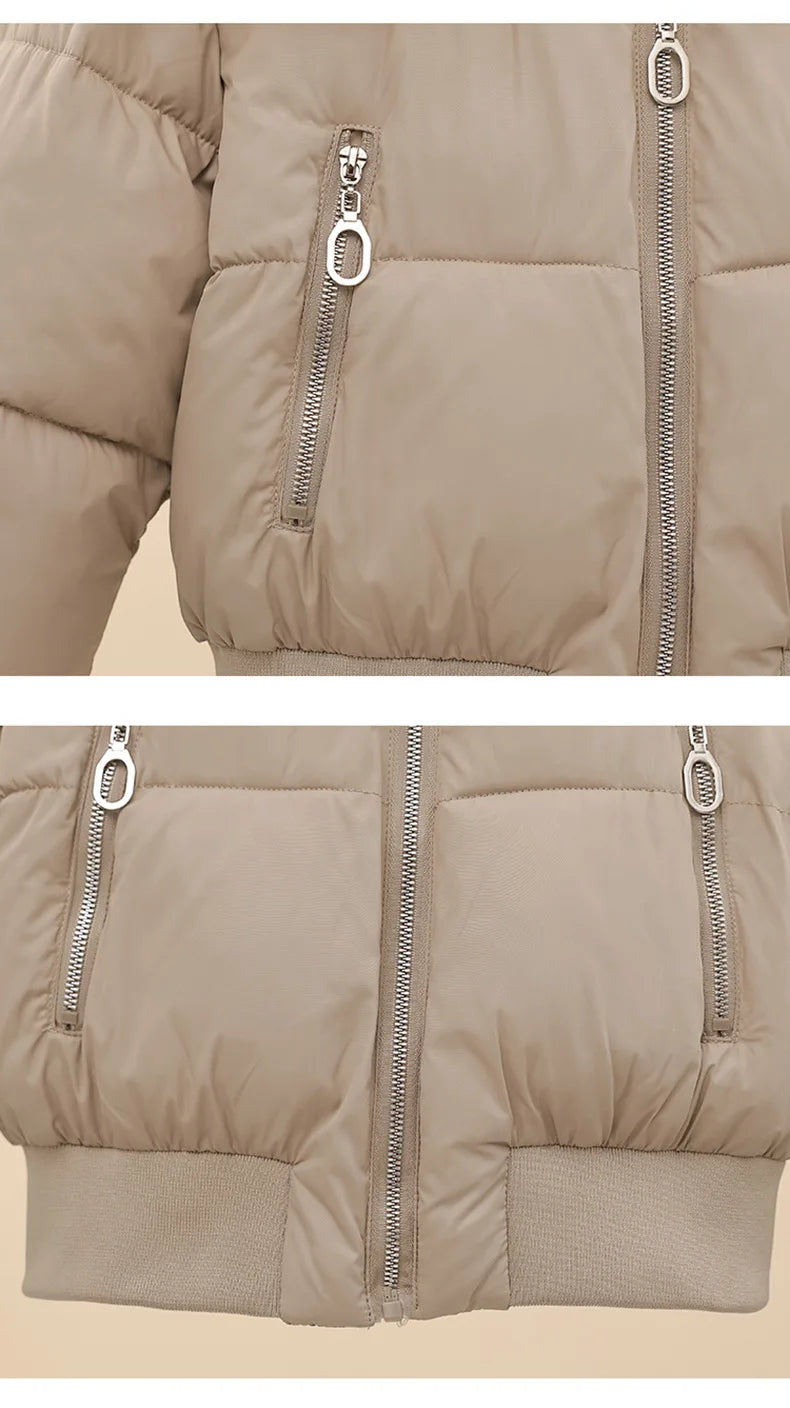American Waistedn Big Fur Collar Hooded Short Cotton Coat for Women Winter New Fashionable Hat Detachable Casual Slimming Jacket