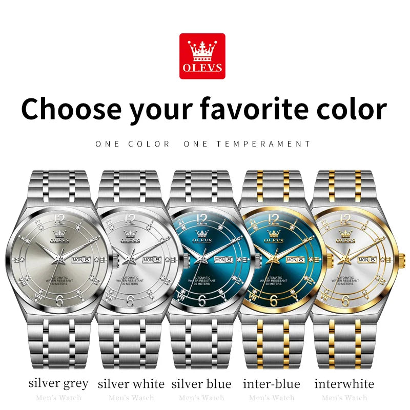 OLEVS 7068 Mens Watch Original Automatic Menchanical Wristwatch Waterproof Luminous For Men Sport Date Dual Calendar Design