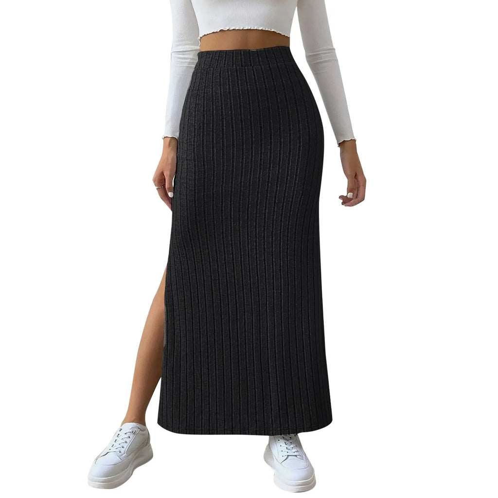 Womens Ribbed Knit Split Thigh Maxi Skirt High Waist Bodycon Pencil Skirt Casual Spring Summer Office Lady Chic Long Skirts 2026