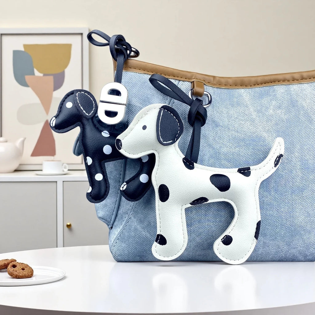 Trendy Dalmatian Dog Pendant Bag Charm & Keychain in Black/White Faux Leather Polka Dot Design for Purse Accessories Lovely Gift