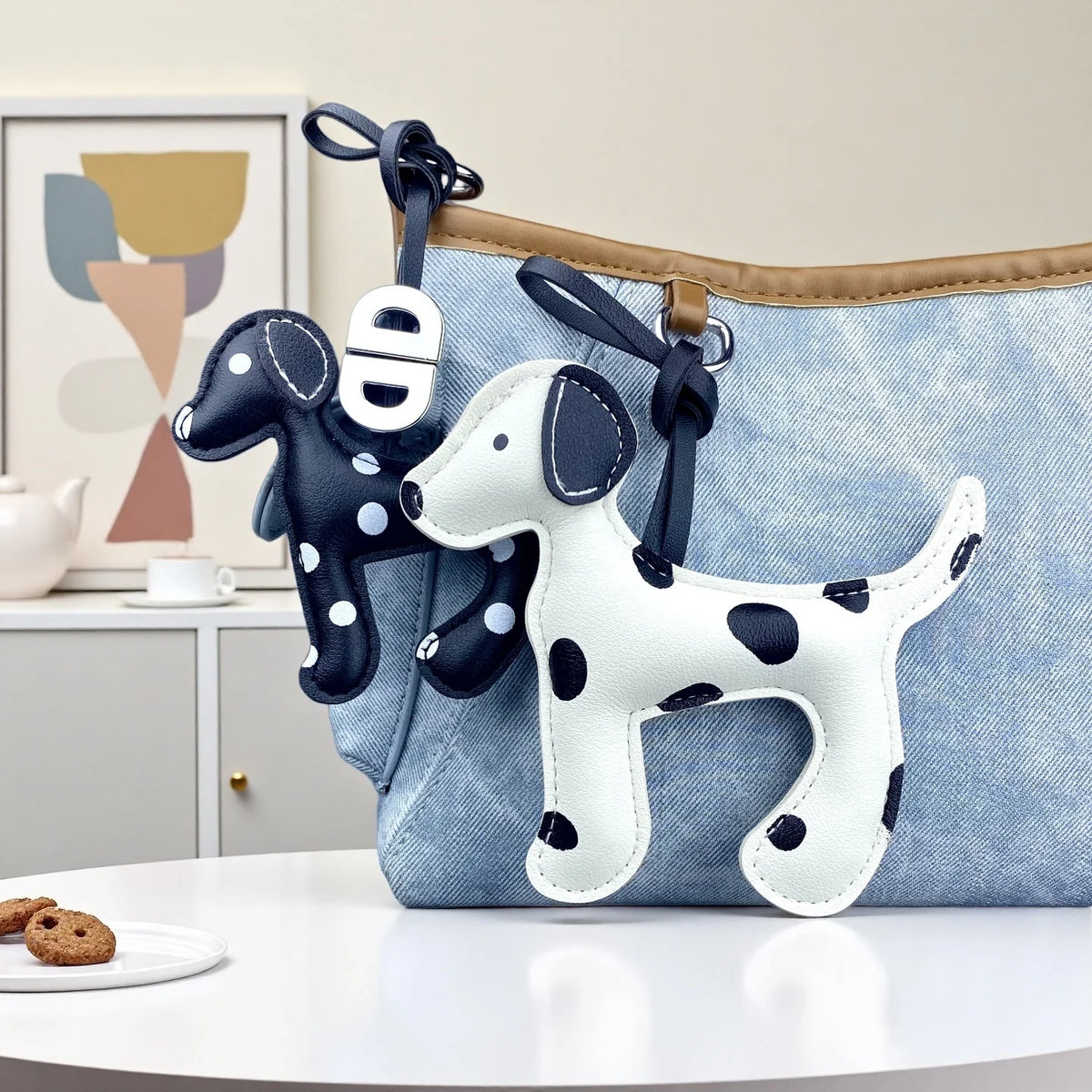 Trendy Dalmatian Dog Pendant Bag Charm & Keychain in Black/White Faux Leather Polka Dot Design for Purse Accessories Lovely Gift