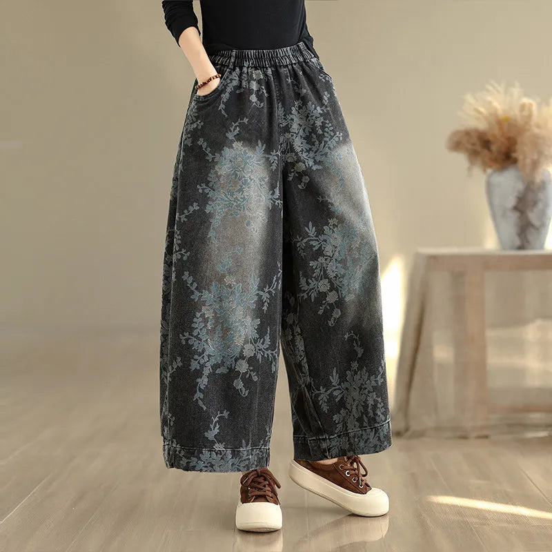 Spring Summer Retro Printed Denim Pants for Women Good Quality Elastic Waist Jeans Loose Casual Wide Leg Straight Trouser