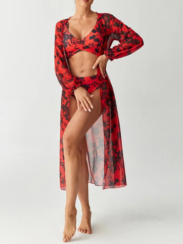 Bikini Women Swimsuit 2026 New Print Sling Bikini Set Sexy High Waist Swimwear Summer Long Sleeve Mesh Beach Bathing Suit Female