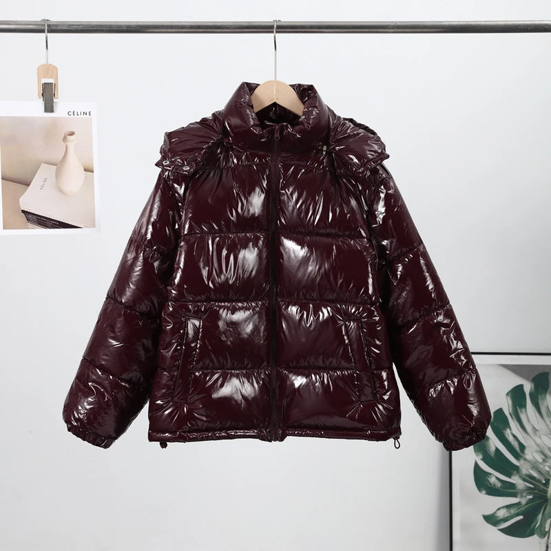High Street Women's Glossy Zipper Hooded Coats Warm Elastic Waist Pleated Short Cotton Female Jacket 2026 Winter New Lady Outfit