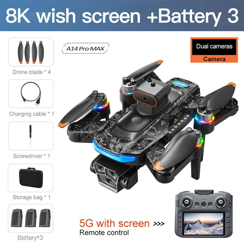 Original A14Pro max GPS Brushless 8K three Camera Optical Flow Obstacle Avoidance Foldable Quadcopter RC Distance Drone Toys