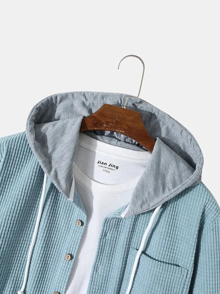 Spring Autumn Patchwork Thick Hooded Shirt Men Waffle Long sleeved Hoodie Fashion Casual Loose Sweatshirt Tops Oversized Shirts