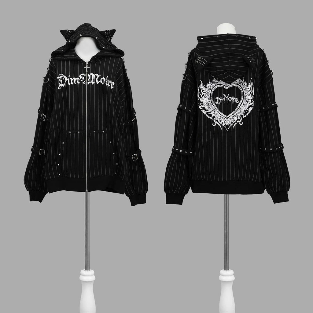 Black Cat Ear Zip Up Hoodie Japanese Subculture Women Devil Pinstripe Heart Print Oversized Metal Buckle Punk Streetwear Outfit