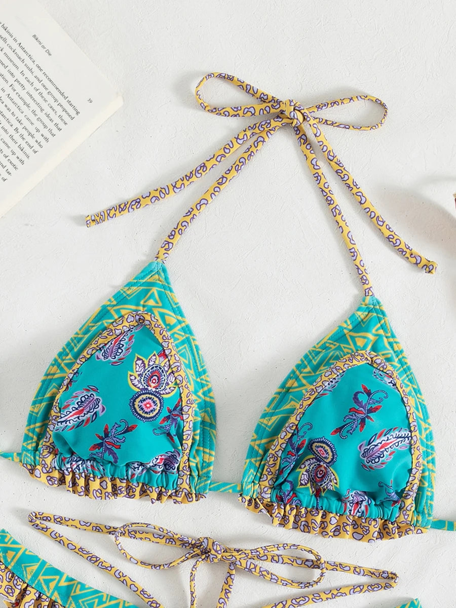 Print Bikinis Bordered Bikini Set Mciro Halter Swimwear Women Swimsuit Sexy Beachwear Brazilian Biquini Triangle Bathing Suits