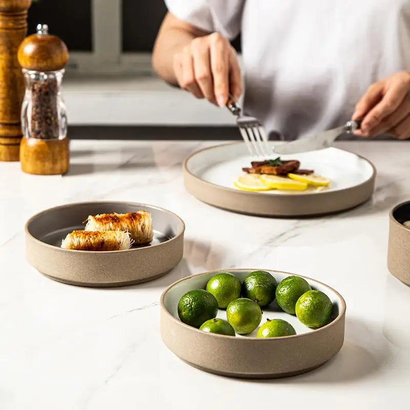 Retro Japanese Style Ceramic Bowl Set for Home Use round Shape Dinnerware Tray Dumpling Soup Noodle Bowl Matte Finish Utensils