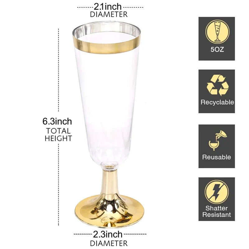 6/12/24/36pcs 5OZ Gold Champagne Flutes Disposable Plastic Champagne Glasses Wedding Party Cocktail Cups Celebration Supplies