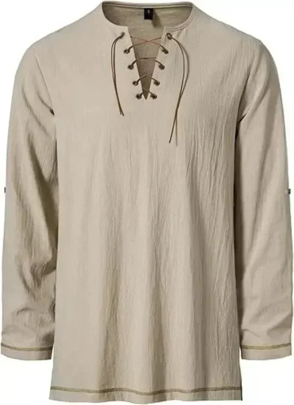 Men Medieval Lace Up Linen Long Sleeve Tunic Viking Pirate Renaissance Cosplay Shirt With Vintage Embossed Leather Belt