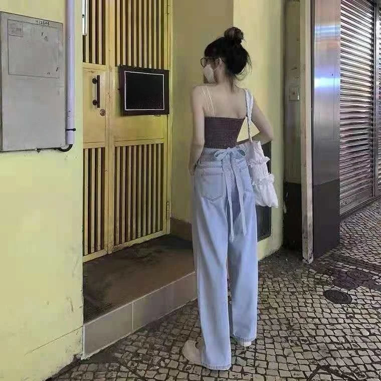 Women's High Waist Baggy Jeans Korean Trendy Loose Wide Leg Denim Pants with Ankle Ties Flowy Floor Length Streetwear