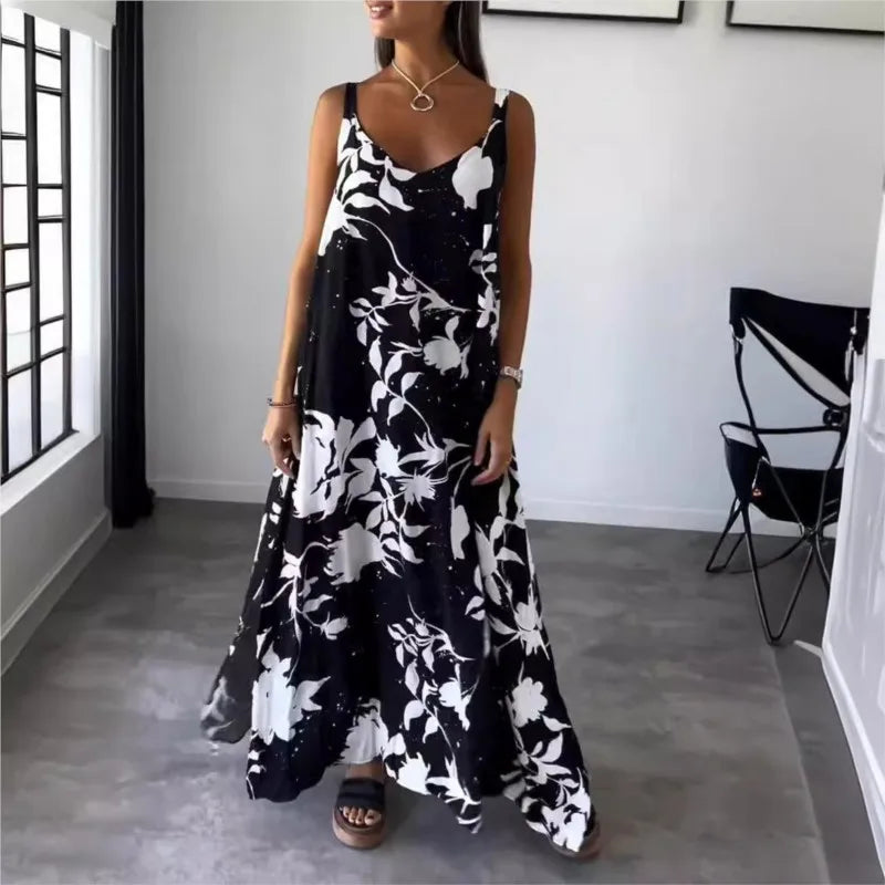 Vestidos Summer Women's Fashionable Printed Camisole Backless Casual Dress 2025 Sexy Women's V-neck Loose Beach Maxi Dresses