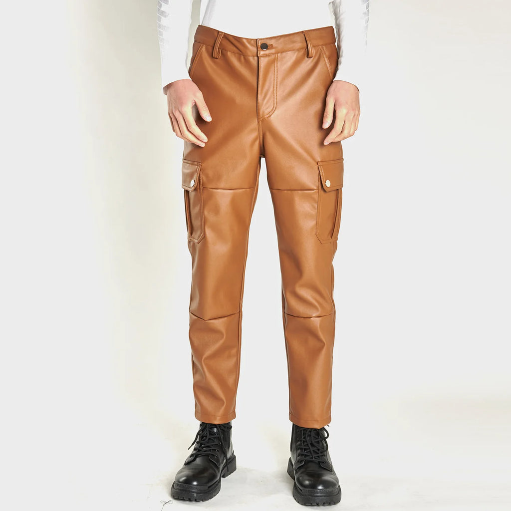 2026 Men's Black Leather Pants, Black Casual Pant, Autumn Fashion Biker PU Pants Loose Comfort Trousers, Khaki Dark Blue 5XL