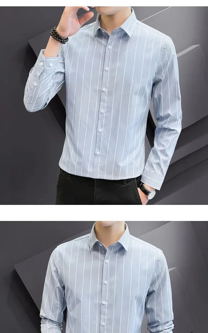 Stylish Men's Striped Shirt Printed Casual Business Dress Shirts Long Sleeve All-Match Slim Fit Fashion Korean Streetwear Shirts