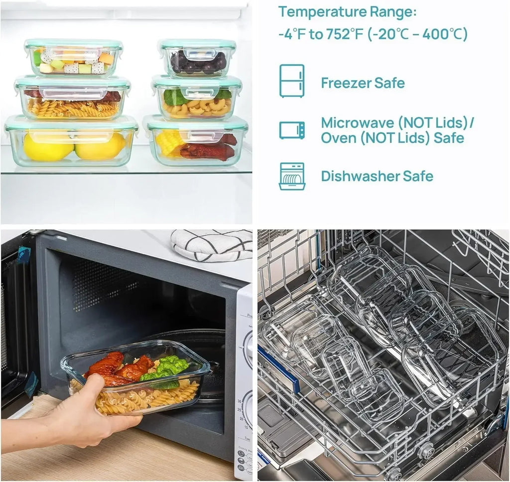Glass Lunch Bento Box for Adults, Food Storage Containers with Lids Microwave & Dishwasher Safe Meal Prep Container for Office