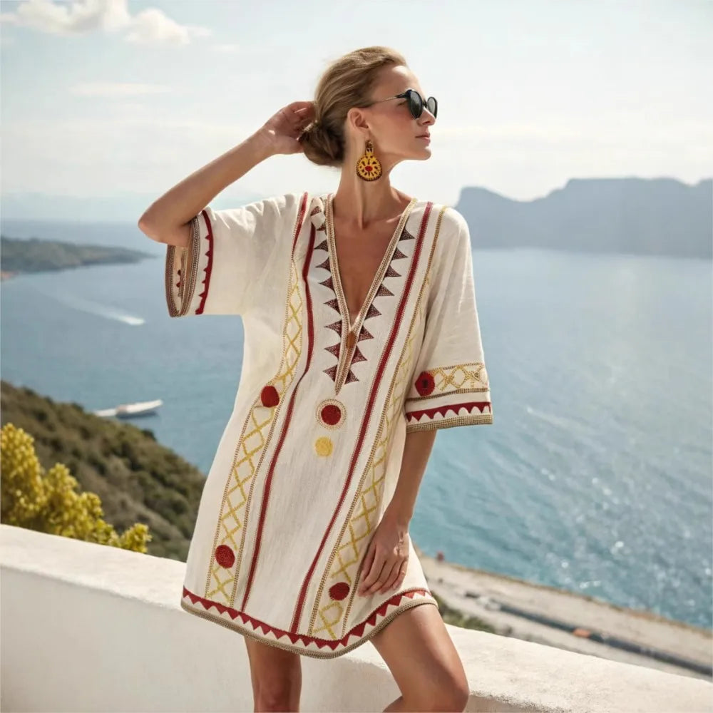 Fashion Retro Printed Short-sleeved Loose Women's Dress New Summer Style Deep V Neck Casual Seaside Vacation Female Dresses 2025