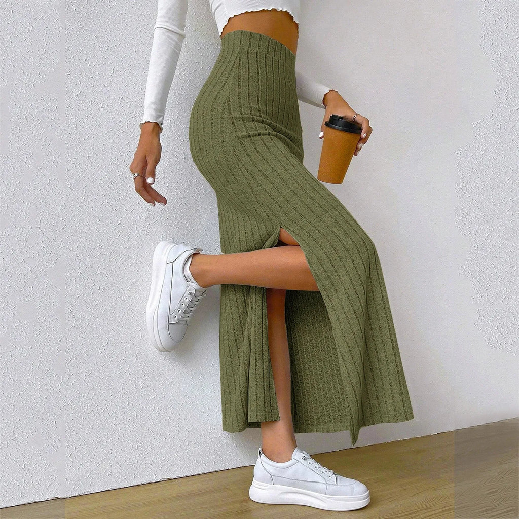 Womens Ribbed Knit Split Thigh Maxi Skirt High Waist Bodycon Pencil Skirt Casual Spring Summer Office Lady Chic Long Skirts 2026