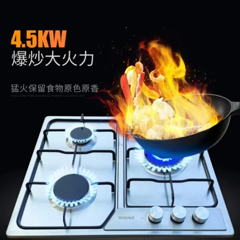 Boske 3 Burner Gas Stove Stainless Steel Panel High Power for Home Use Natural Gas LPG CEL