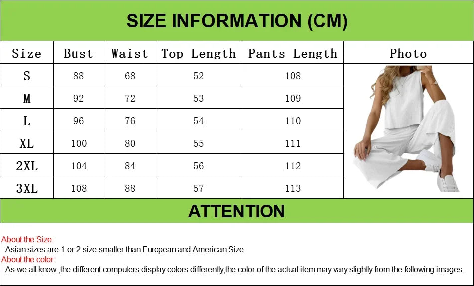 2025 Summer Two Piece Sets Women Sleeveless O-Neck Tank Top Wide Leg Pants Suits Female Casual Cotton Linen Solid Color Outfits