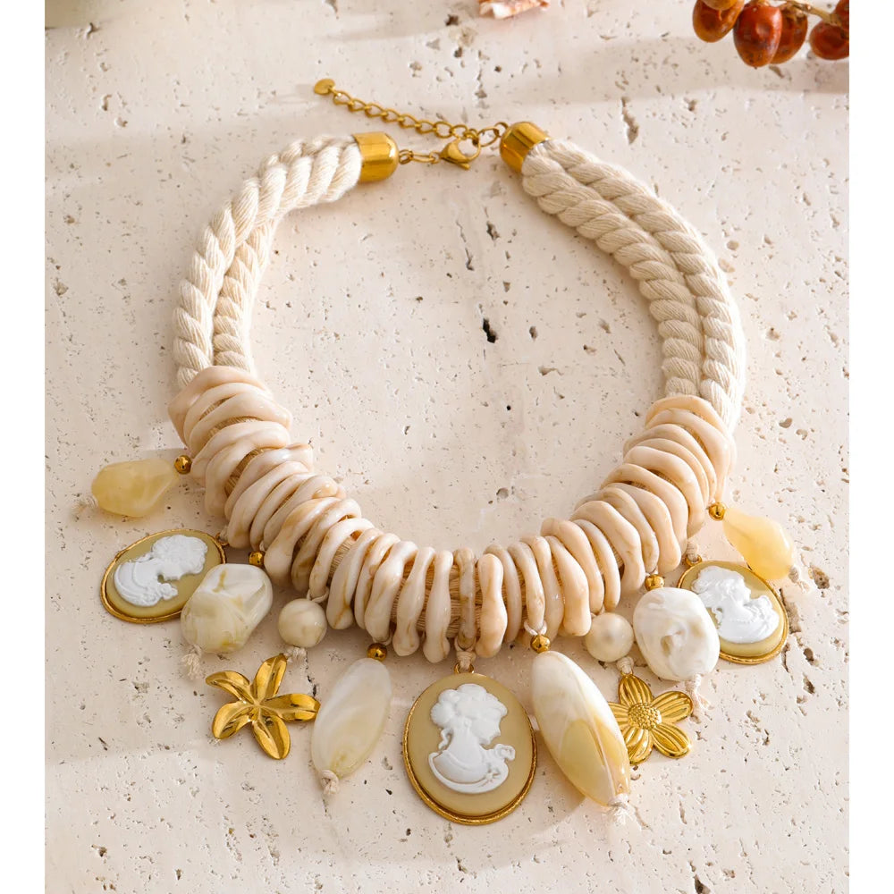 Yhpup 2026 Handmade Jewelry Rope Braided Resin Chain Portrait Flower Drop Charm Statement Necklace Exclusive Accessories