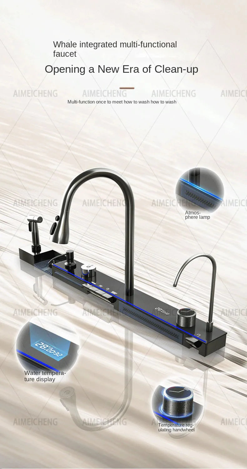 Hot Selling Stainless Steel Waterfall Kitchen Sink With Knife Holder Digital Display Faucet Set Embossed Extra Large Single Slot