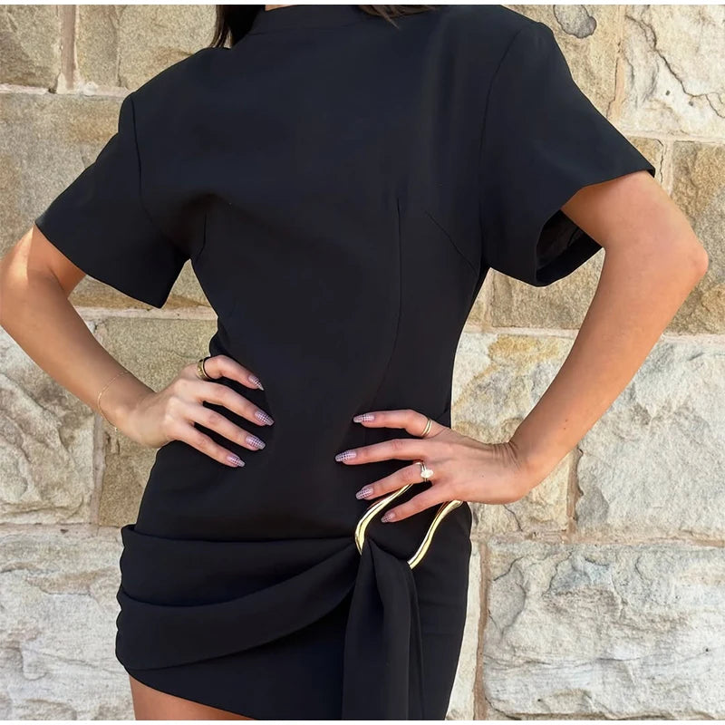 Elegant Mini Dress Woman Ribbons Slim O-neck Short Sleeve Above Knee Dresses Female Spring Summer Party Robe Lady High Street