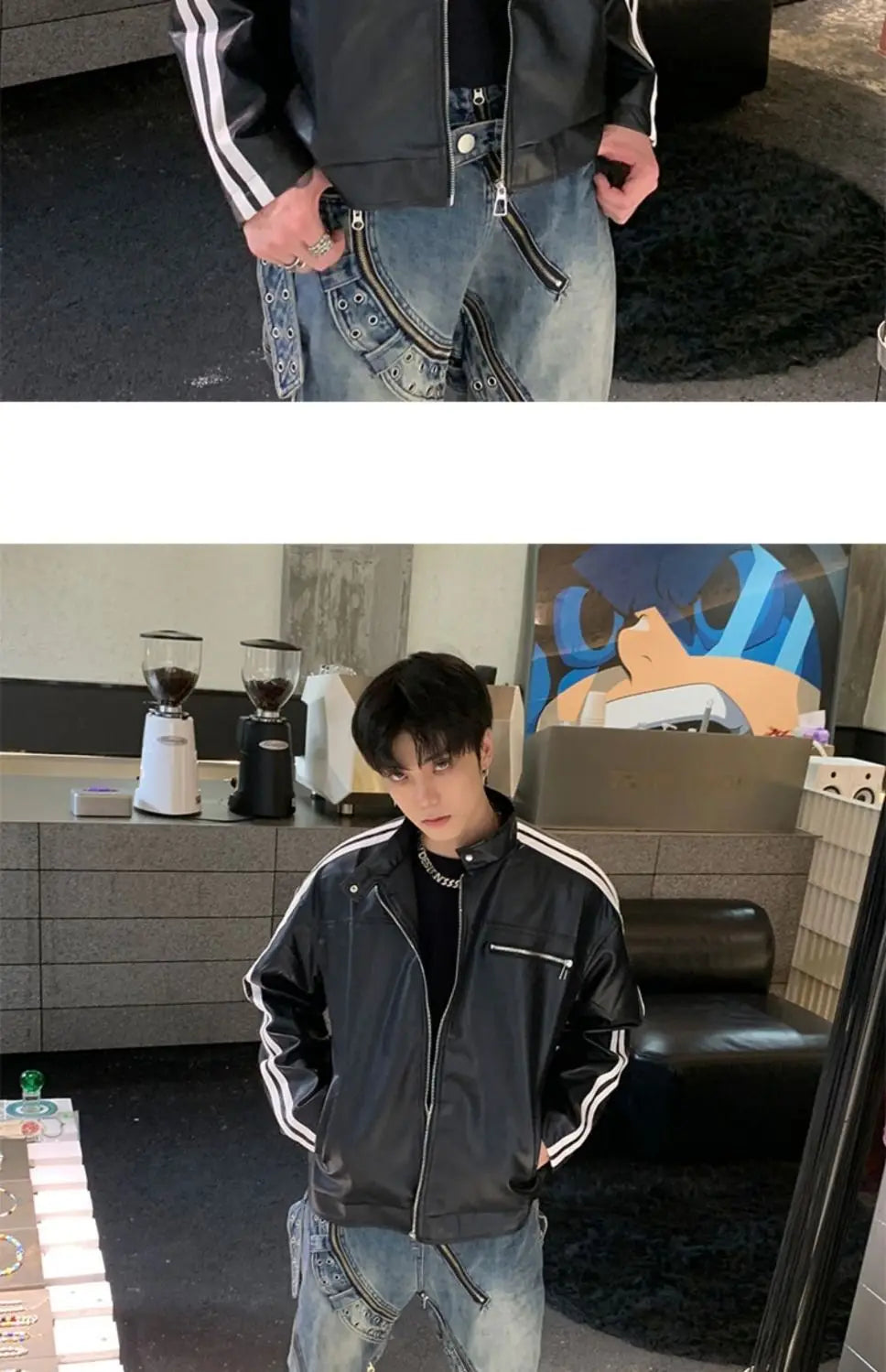 Youth Men's Biker Jacket Patchwork Stripes PU Leather Coat Stand Collar Zipper Long Sleeve Loose Fit Spring Autumn
