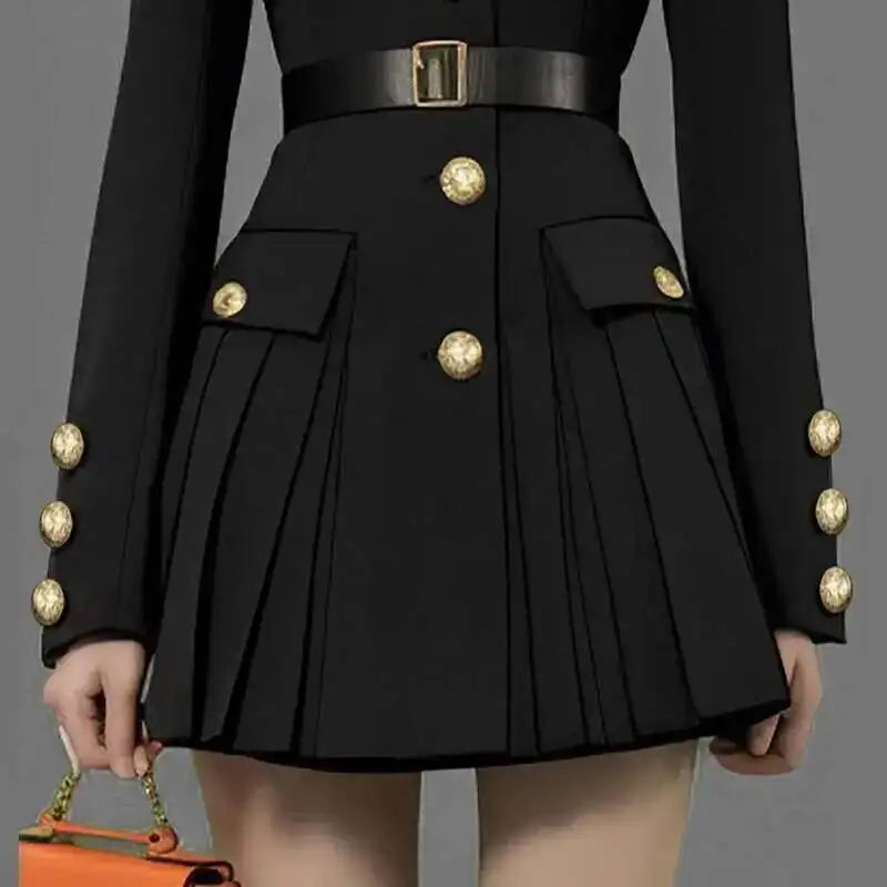 Luxury Quality 2026 Spring Autumn Single Breasted Golden Button Long Full Sleeve Blazer Suit Coat Pleated Short Dresses Women