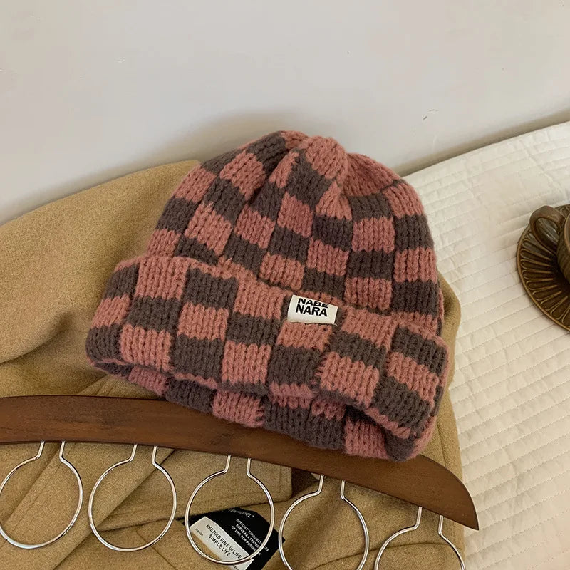Luxury Brand Chessboard Plaid Knitted Hat Women Winter New Big Size Hat Warm Beanies Skullies Green Red Xmas Christmas Hat