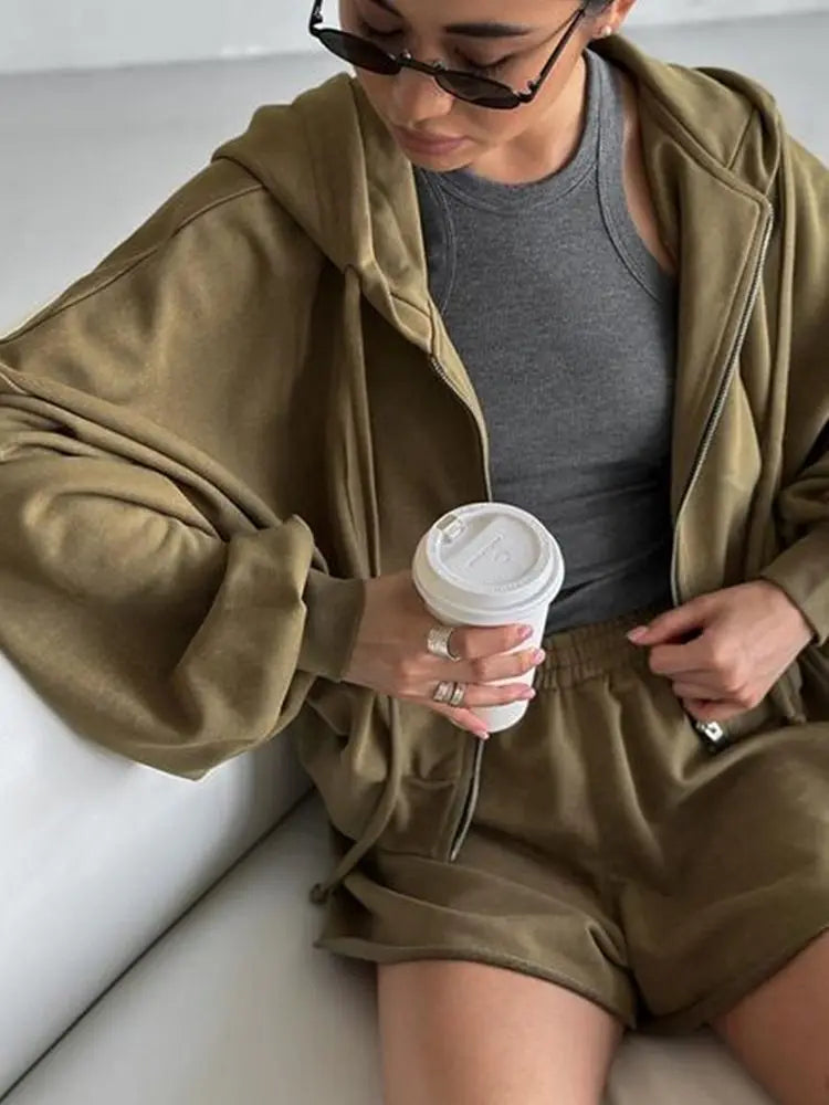 Women's Outfit Long-Sleeve Hooded Drawstring Sweatshirt Shorts Set Two-Piece Sets Sports Suit Sportswear Streetwear Trendy