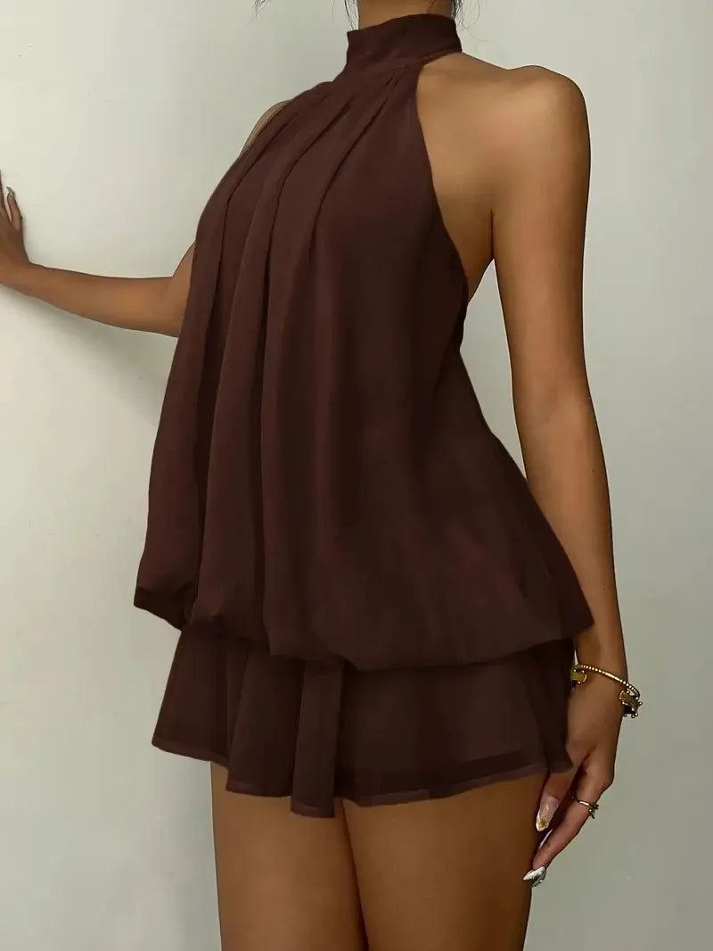 Women Halter Neck Backless Tie Mini Dress Summer Sleeveless Chiffon Ruffle Short Dresses Sexy Club Party Beach Vacation Outfit