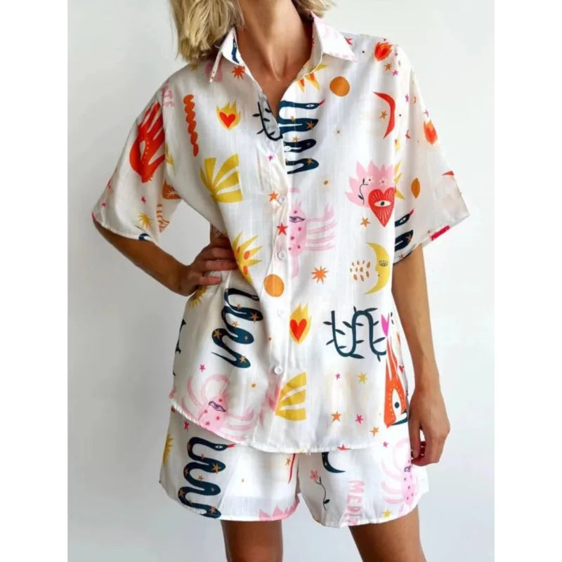 Women Summer Fashion Shorts Sets Retro Print Sleeve Shirt Shorts Suit New Casual Loose Female Beach Vacation Shorts 2 Piece Set