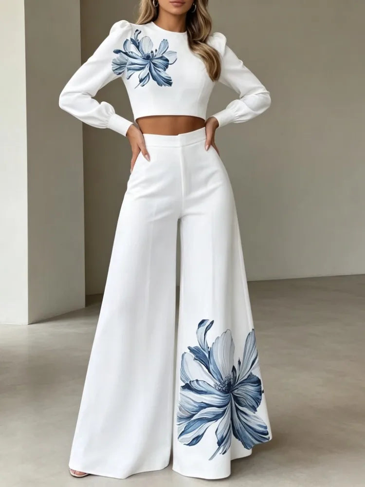 Krisstarsgirls Women's Elegant Floral Print 2 Piece Set 2026 Spring New Puff Sleeves Tops Wide Leg Pants Sets for Office Ladies
