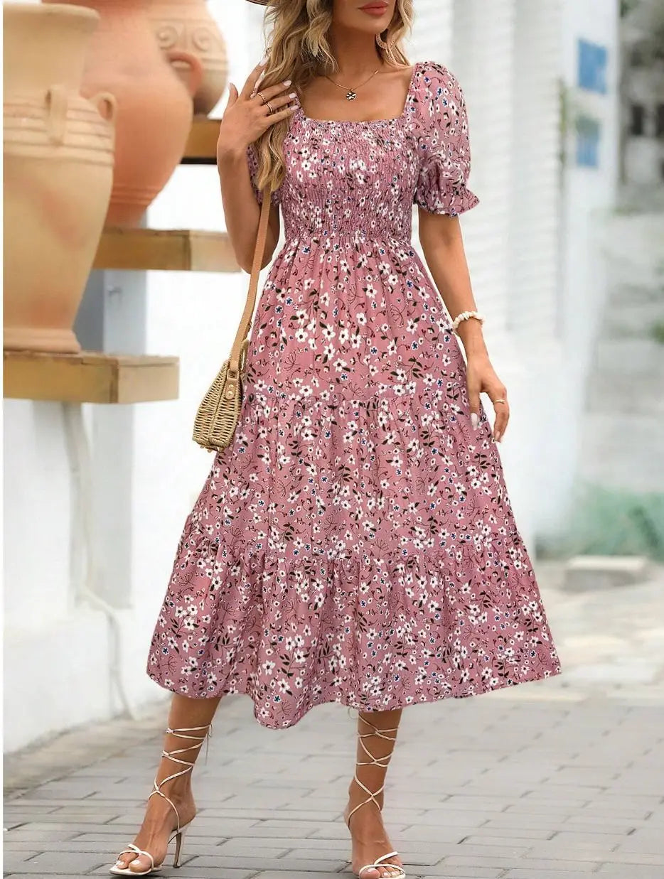 Spring and Autumn Women's Square Neck Short Sleeve Long Skirt Fresh Printed Casual Fashion Slight Backless Temperament Dress