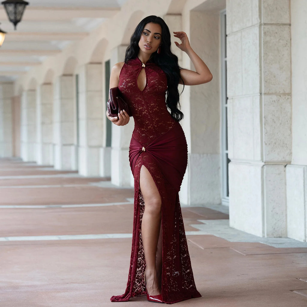 Sexy Women Lace Hollow Out Sleeveless Ruched High Split Maxi Long Dress 2026 Party Trendy Birthday Vacation Beach Dresses