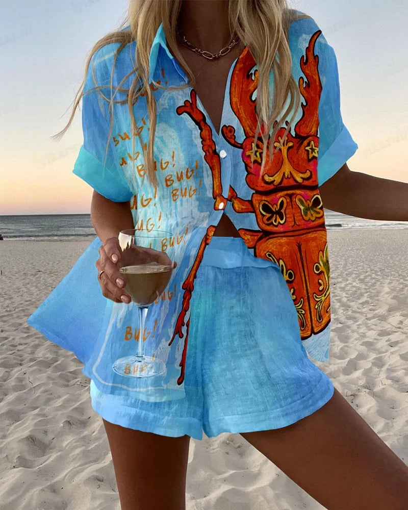 Summer Women's Print Beach Holiday Two-Piece Set Fashion Short Sleeve Buttoned Shirt with Wide Leg Shorts Casual Outfit