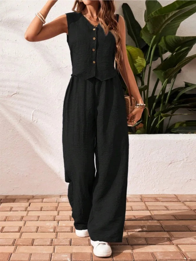 Two-piece Ladies Set 2026 Summer New Versatile Sleeveless V Neck Vest Tops Suits Fashion Casual Loose Tops Wide Leg Pants Sets
