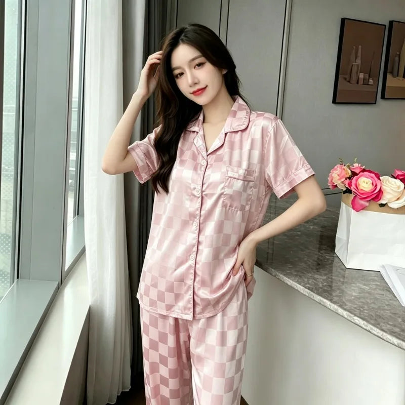 Summer Women Pajama Set Lapel Collar Checkered Jacquard Soft 2Pcs Short Sleeve Long Pants Home Sleepwear Loungewear For Ladies