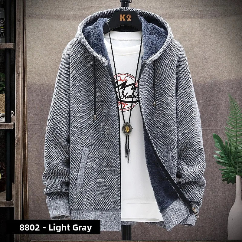 Men's Knitted Sweater Cardigan Thickened Fleece Hooded Casual Style Warm Outerwear Autumn Winter New Arrival Korean Version