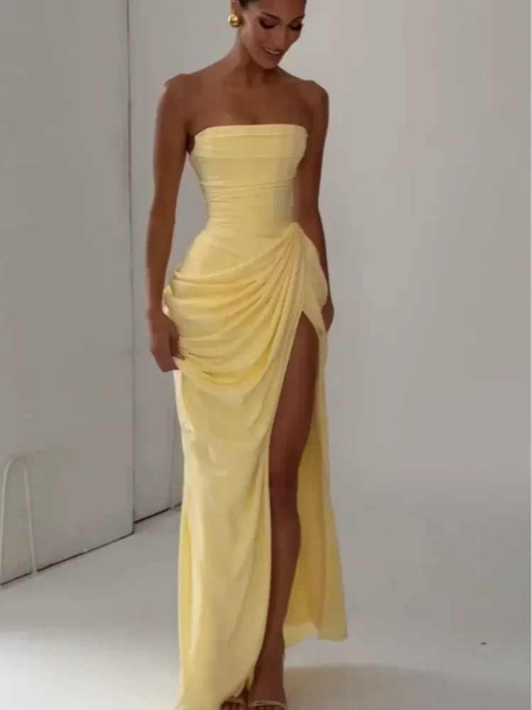 Sexy Women Solid Pleated Strapless Chic Dress Lady V-neck Off-shoulder Backless High Waist Split Vestido 2026 Evening Party Gown