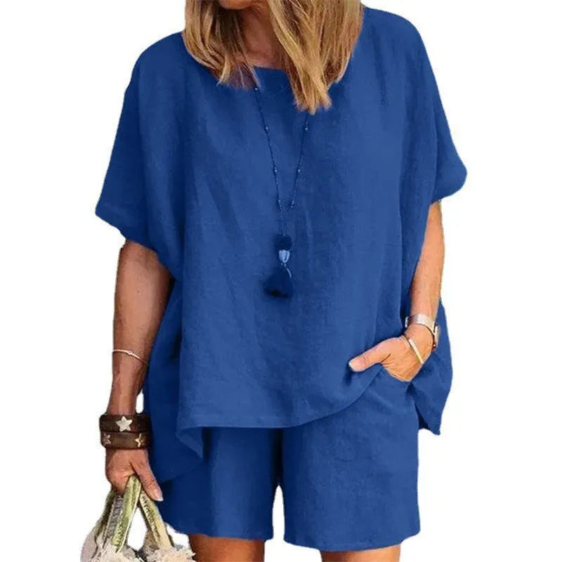 Ladies Shorts Suit Fashionable Summer Women's Elegant Solid Color Pullover Loose Cotton Linen Short Sleeved Shorts Two-piece Set