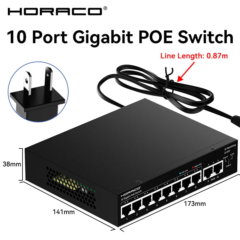 HORACO 8 Port Gigabit POE Switch 1000Mbps Active POE Network Switch for IP Camera,NVR,Surveillance,CCTV,POE Camera