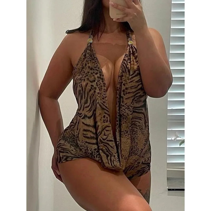 Women's Leopard Print Halter Top And Short Set Backless Sveless Summer Fashion Ensemble Female Spring 2026 Collection